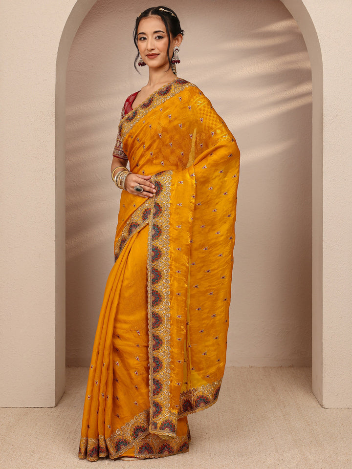 Mustard Ethnic Motif  Embroidered Silk Blend Saree With Unstitched Blouse Piece