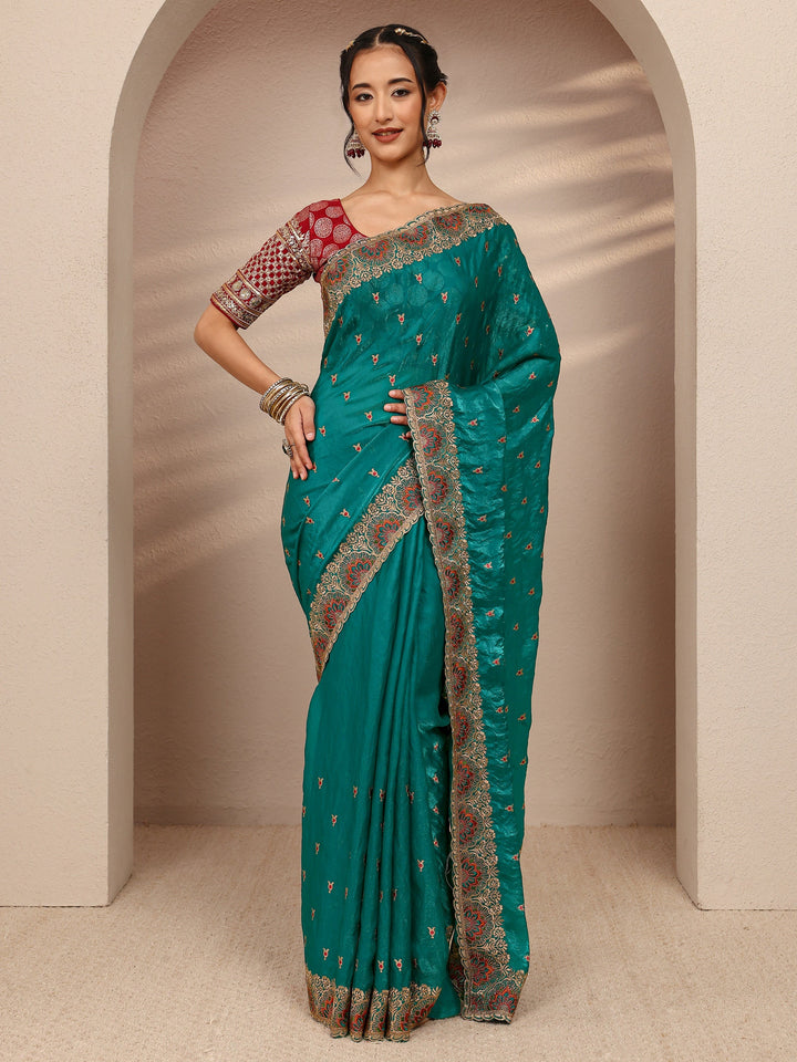 Green Ethnic Motif  Embroidered Silk Blend Saree With Unstitched Blouse Piece