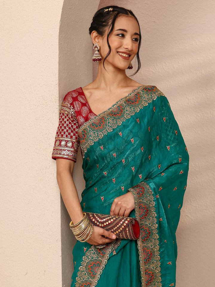Green Ethnic Motif  Embroidered Silk Blend Saree With Unstitched Blouse Piece