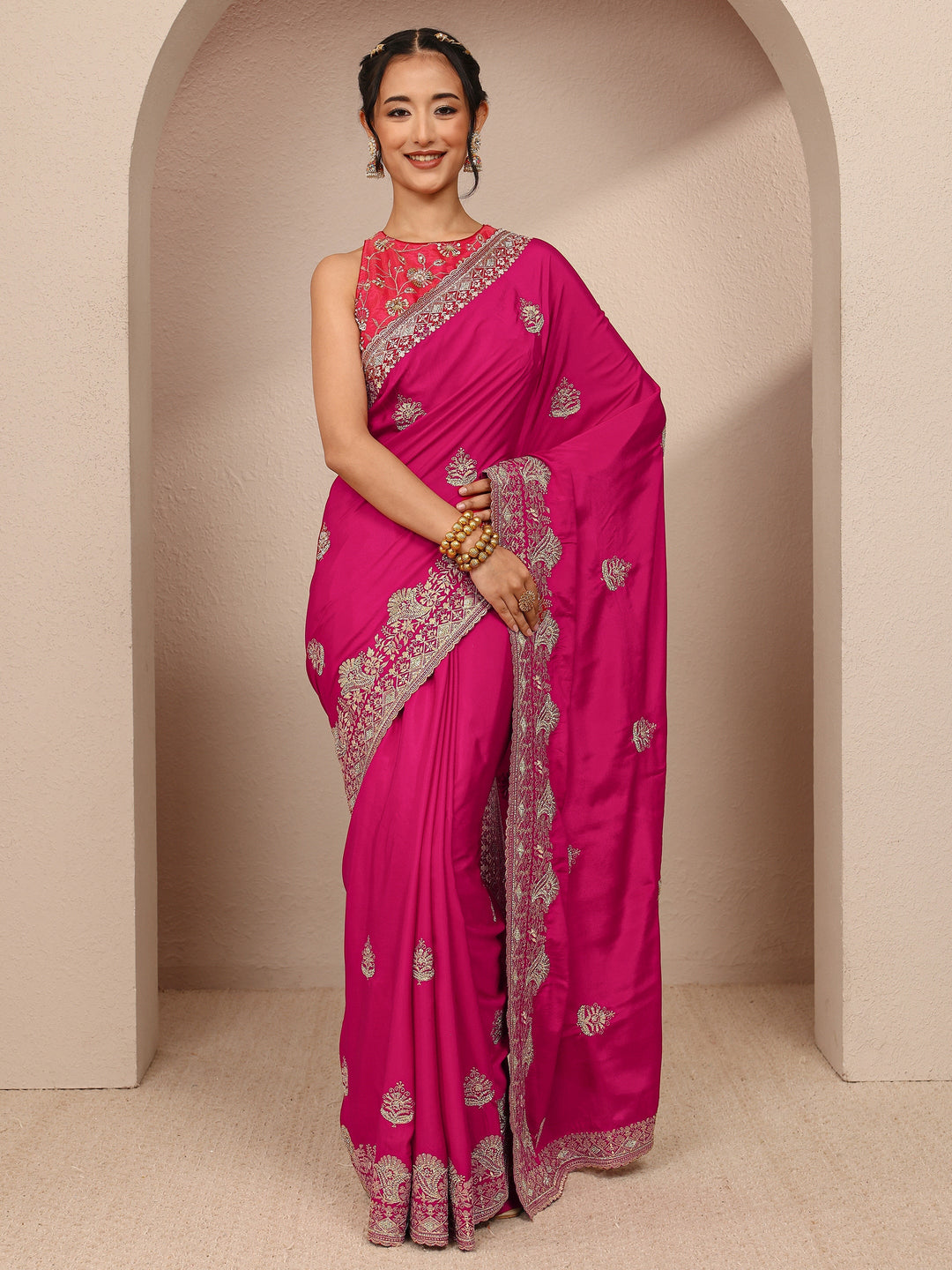 Pink Ethnic Motif  Embroidered Silk Blend Saree With Unstitched Blouse Piece