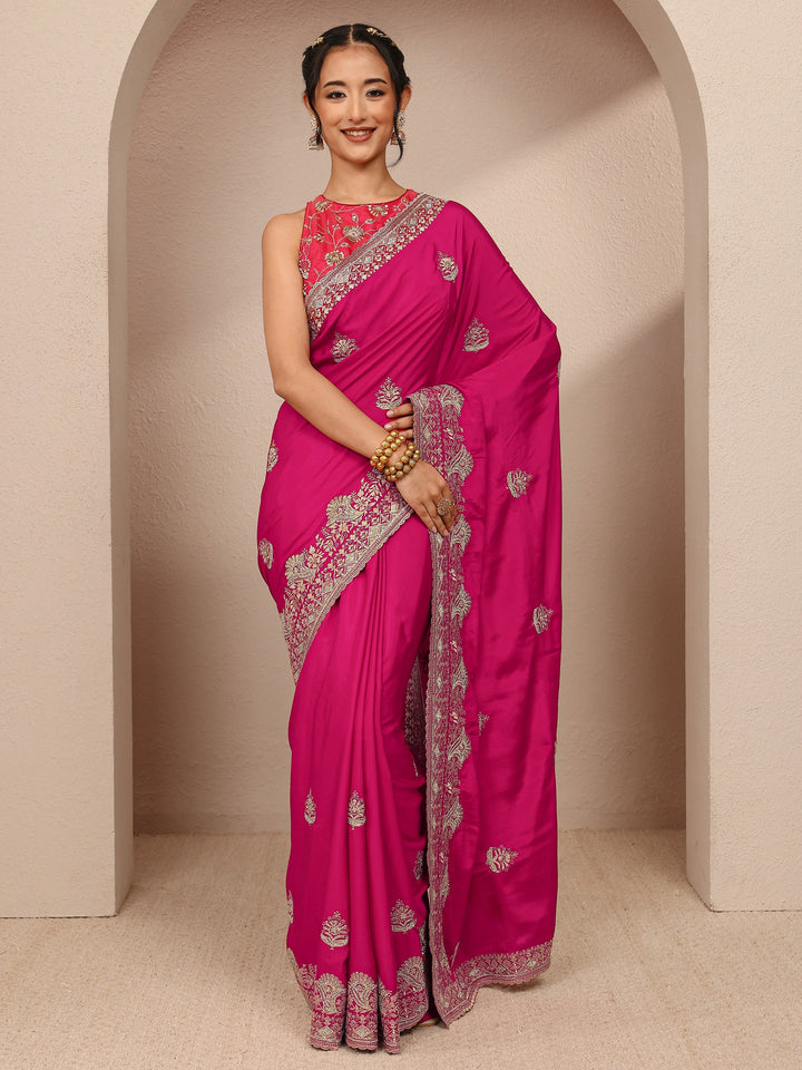 Pink Ethnic Motif  Embroidered Silk Blend Saree With Unstitched Blouse Piece