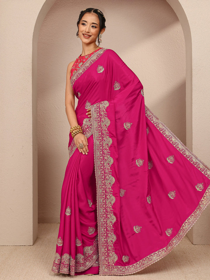 Pink Ethnic Motif  Embroidered Silk Blend Saree With Unstitched Blouse Piece