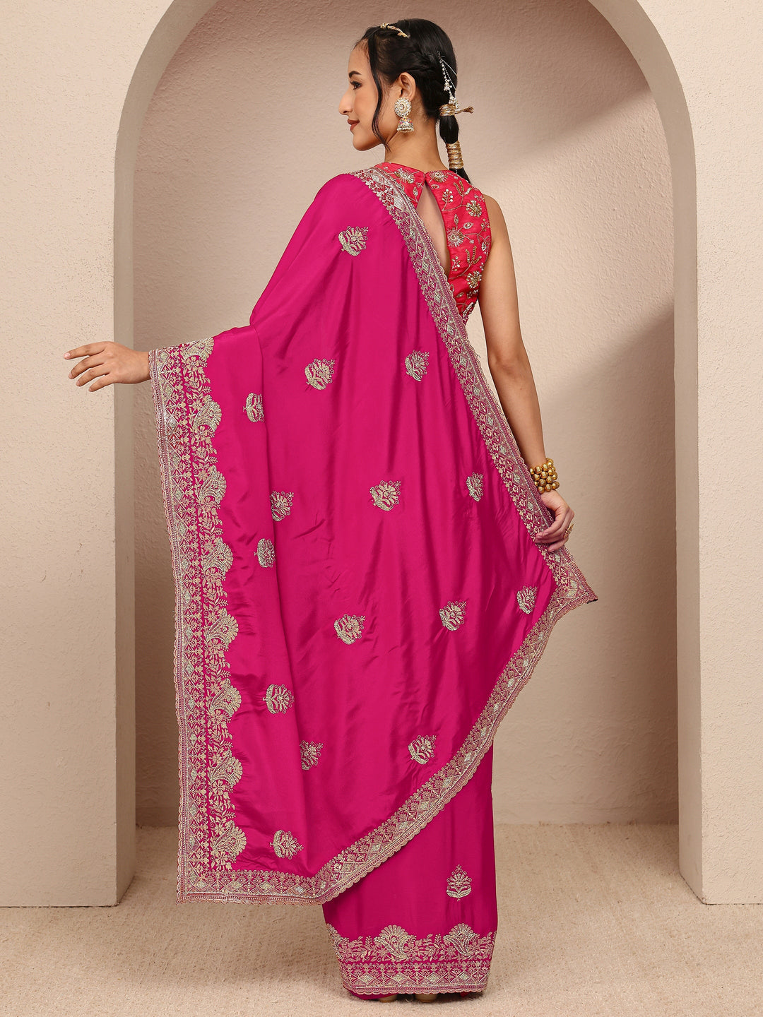 Pink Ethnic Motif  Embroidered Silk Blend Saree With Unstitched Blouse Piece