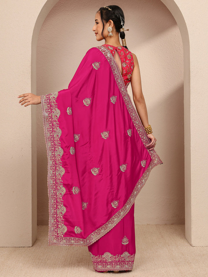 Pink Ethnic Motif  Embroidered Silk Blend Saree With Unstitched Blouse Piece