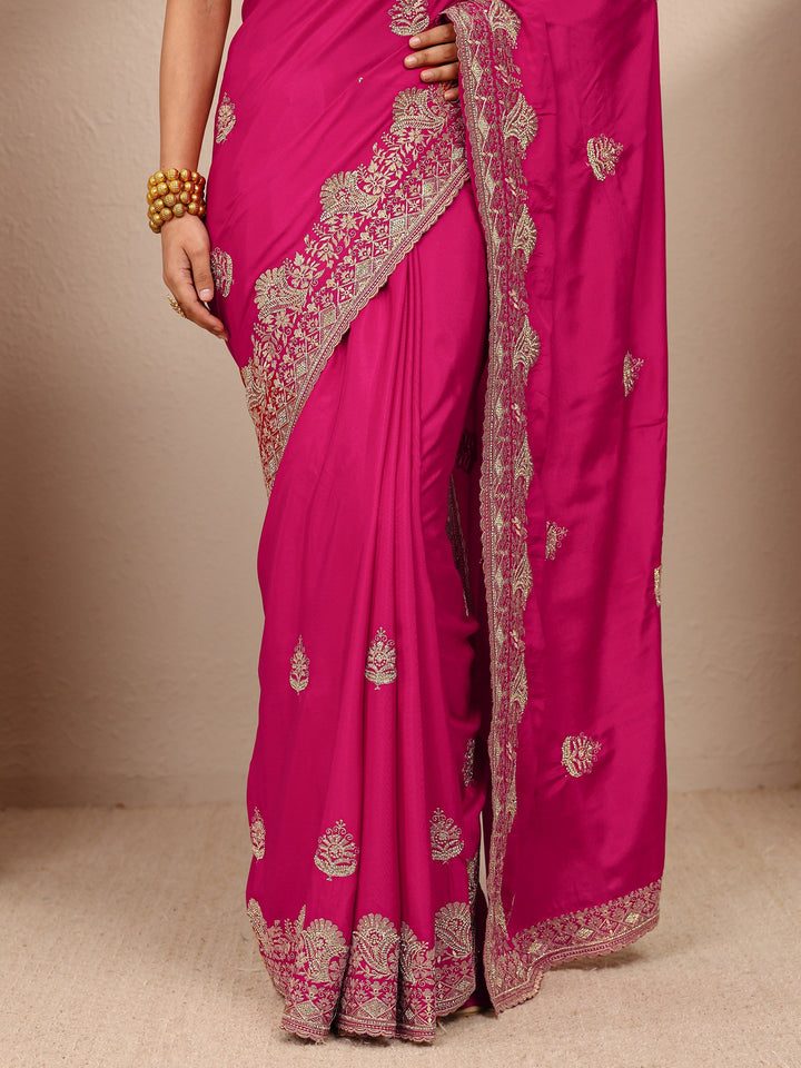 Pink Ethnic Motif  Embroidered Silk Blend Saree With Unstitched Blouse Piece