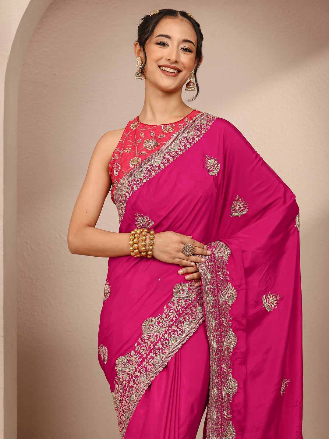 Pink Ethnic Motif  Embroidered Silk Blend Saree With Unstitched Blouse Piece