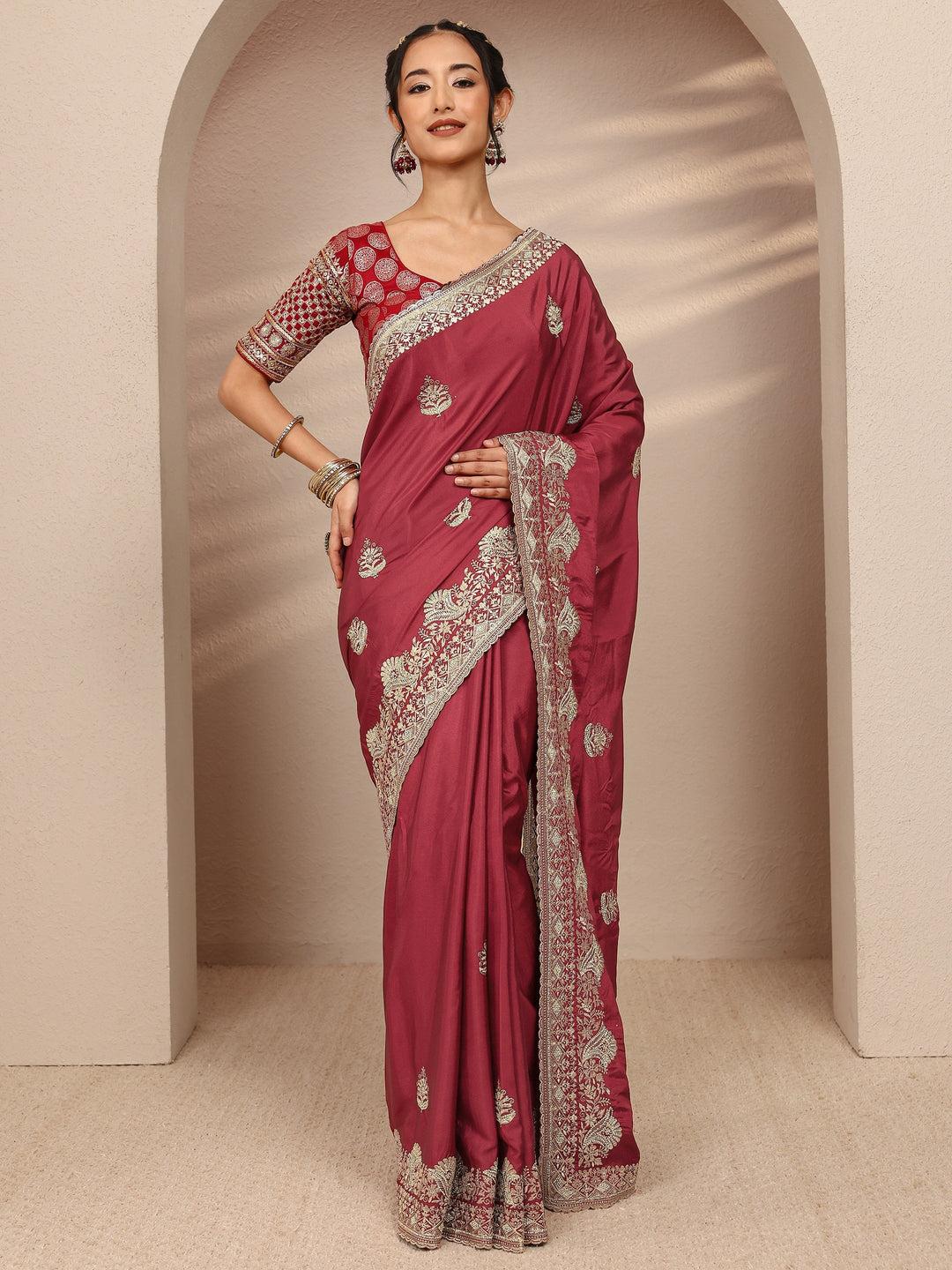 Brown Ethnic Motif  Embroidered Silk Blend Saree With Unstitched Blouse Piece