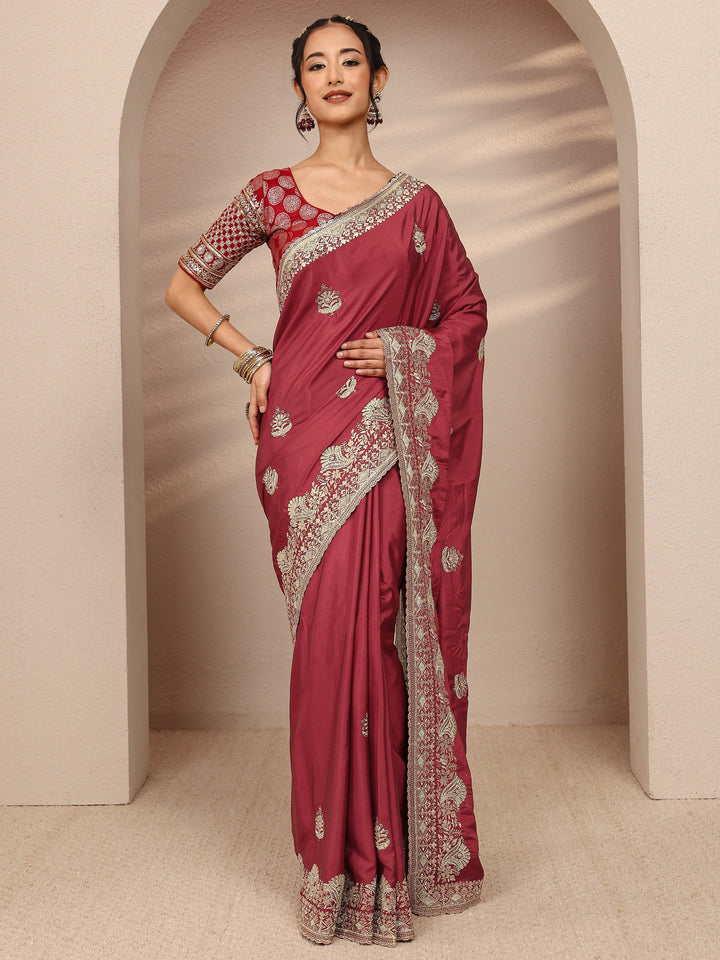 Brown Ethnic Motif  Embroidered Silk Blend Saree With Unstitched Blouse Piece