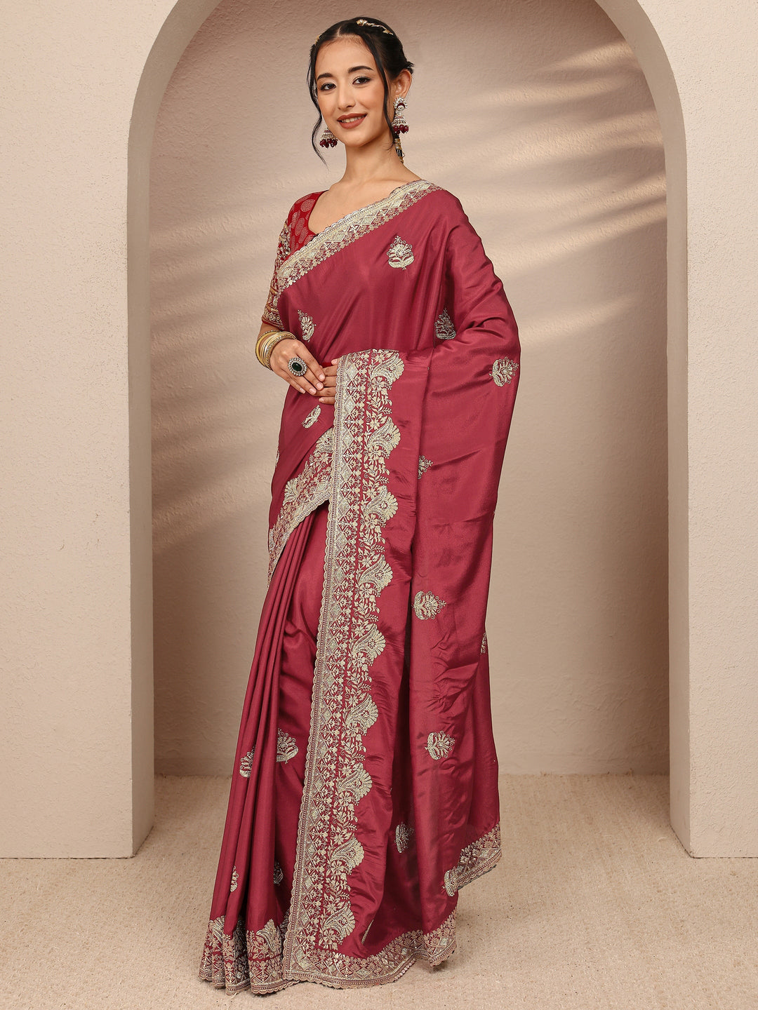 Brown Ethnic Motif  Embroidered Silk Blend Saree With Unstitched Blouse Piece