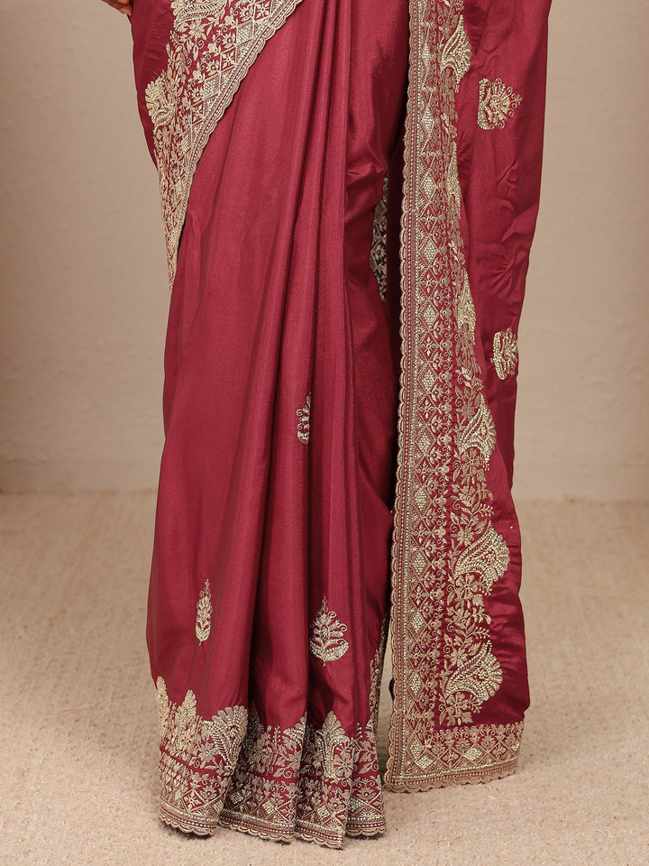 Brown Ethnic Motif  Embroidered Silk Blend Saree With Unstitched Blouse Piece