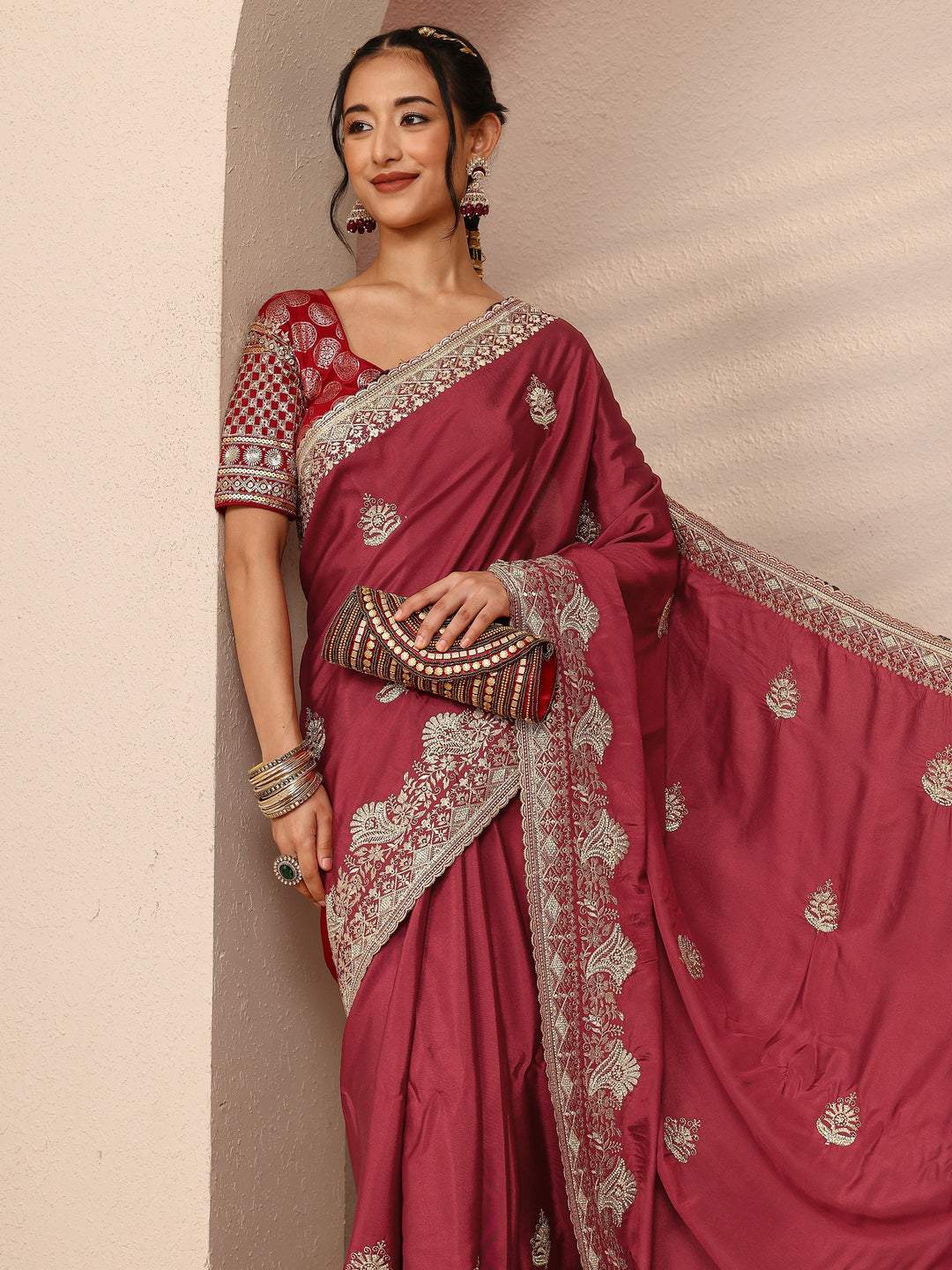 Brown Ethnic Motif  Embroidered Silk Blend Saree With Unstitched Blouse Piece