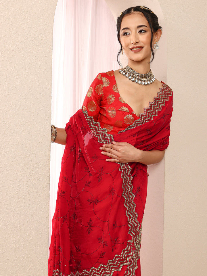 Red Ethnic Motif  Embellished Silk Blend Saree With Unstitched Blouse Piece