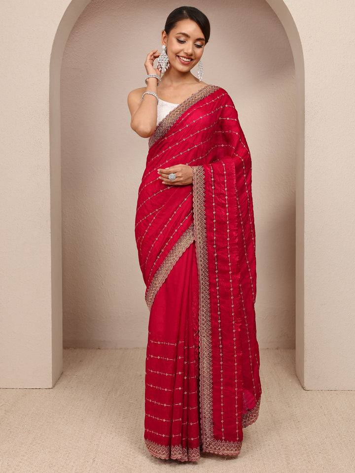 Red Embellished Silk Blend Saree
With Unstitched Blouse Piece