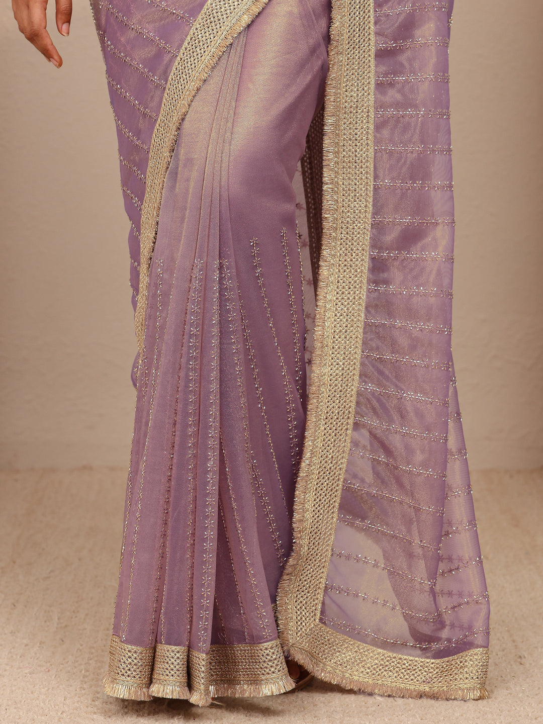 Lavender Embellished Silk Blend Saree
With Unstitched Blouse Piece