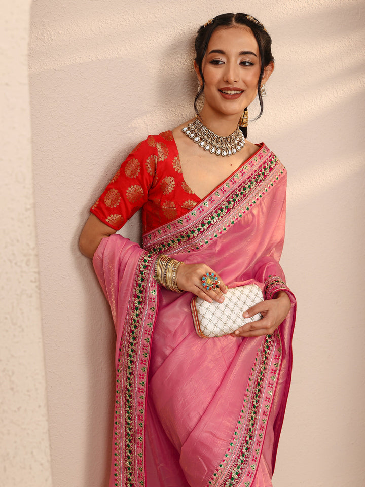 Pink Solid Silk Blend Saree With Unstitched Blouse Piece