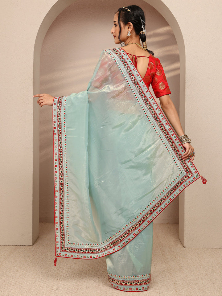 Blue Solid Silk Blend Saree With Unstitched Blouse Piece