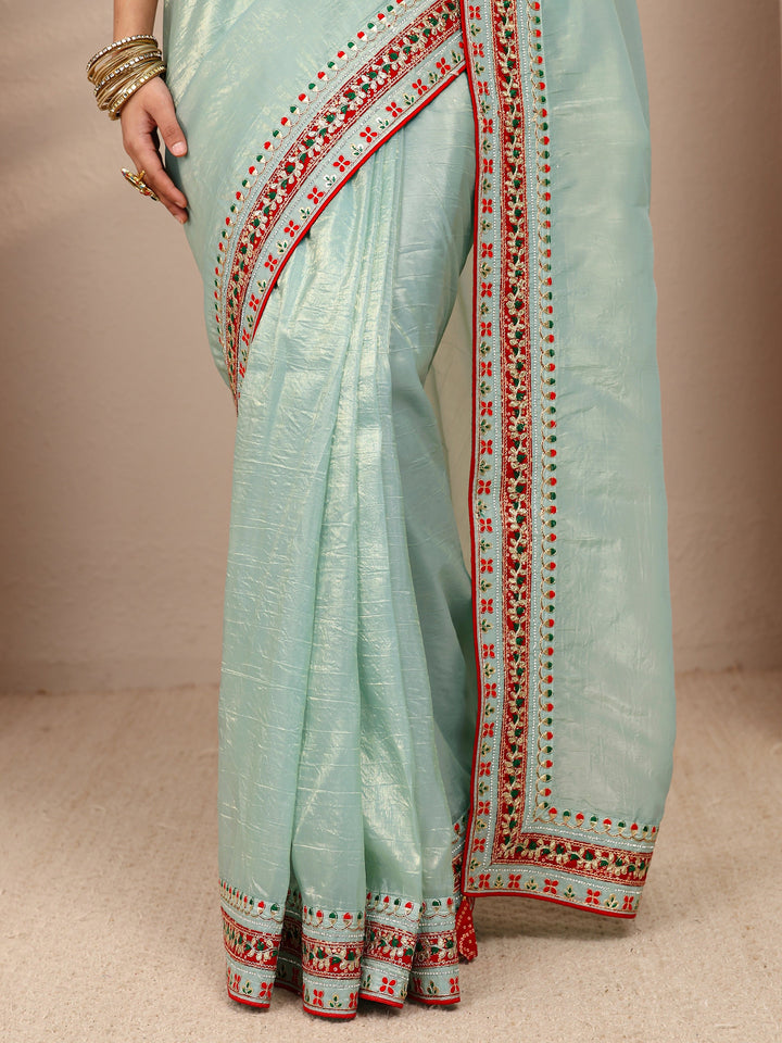 Blue Solid Silk Blend Saree With Unstitched Blouse Piece