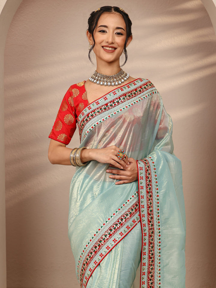 Blue Solid Silk Blend Saree With Unstitched Blouse Piece