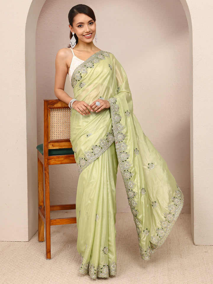 Green Floral Embroidered Silk Blend Saree 
With Unstitched Blouse Piece