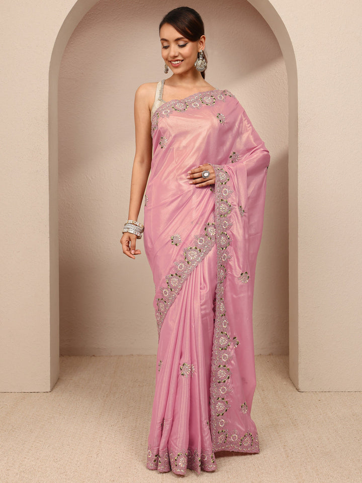 Pink Floral Embroidered Silk Blend Saree 
With Unstitched Blouse Piece