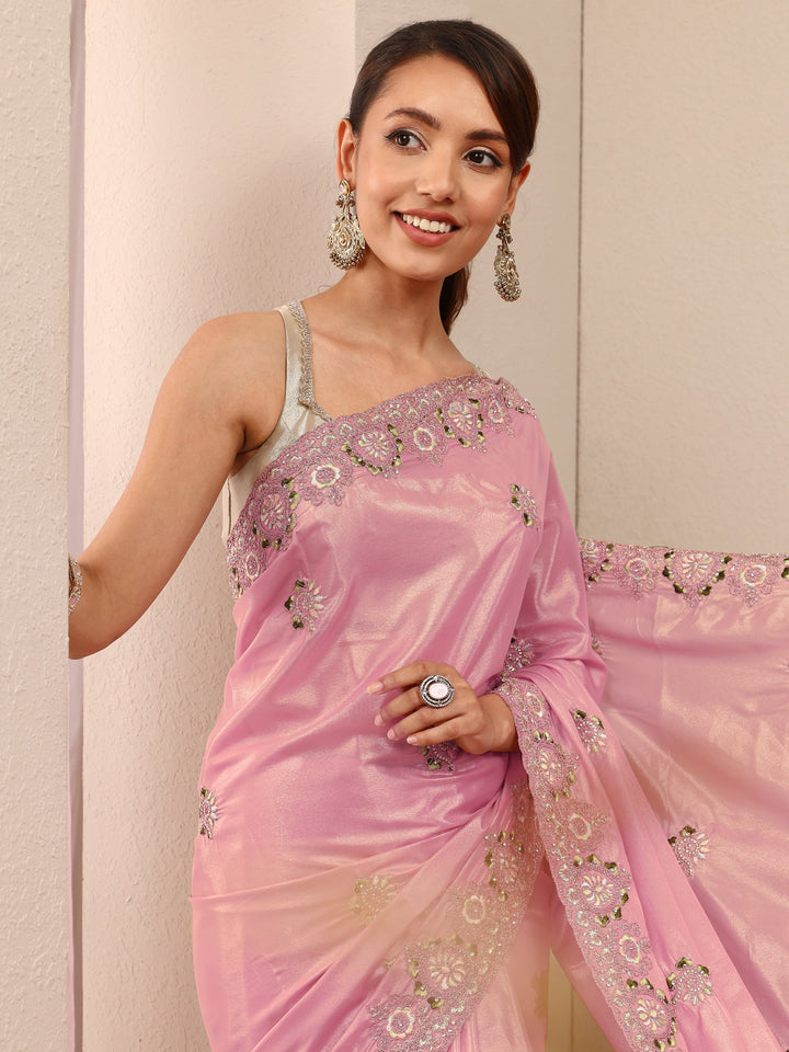 Pink Floral Embroidered Silk Blend Saree 
With Unstitched Blouse Piece