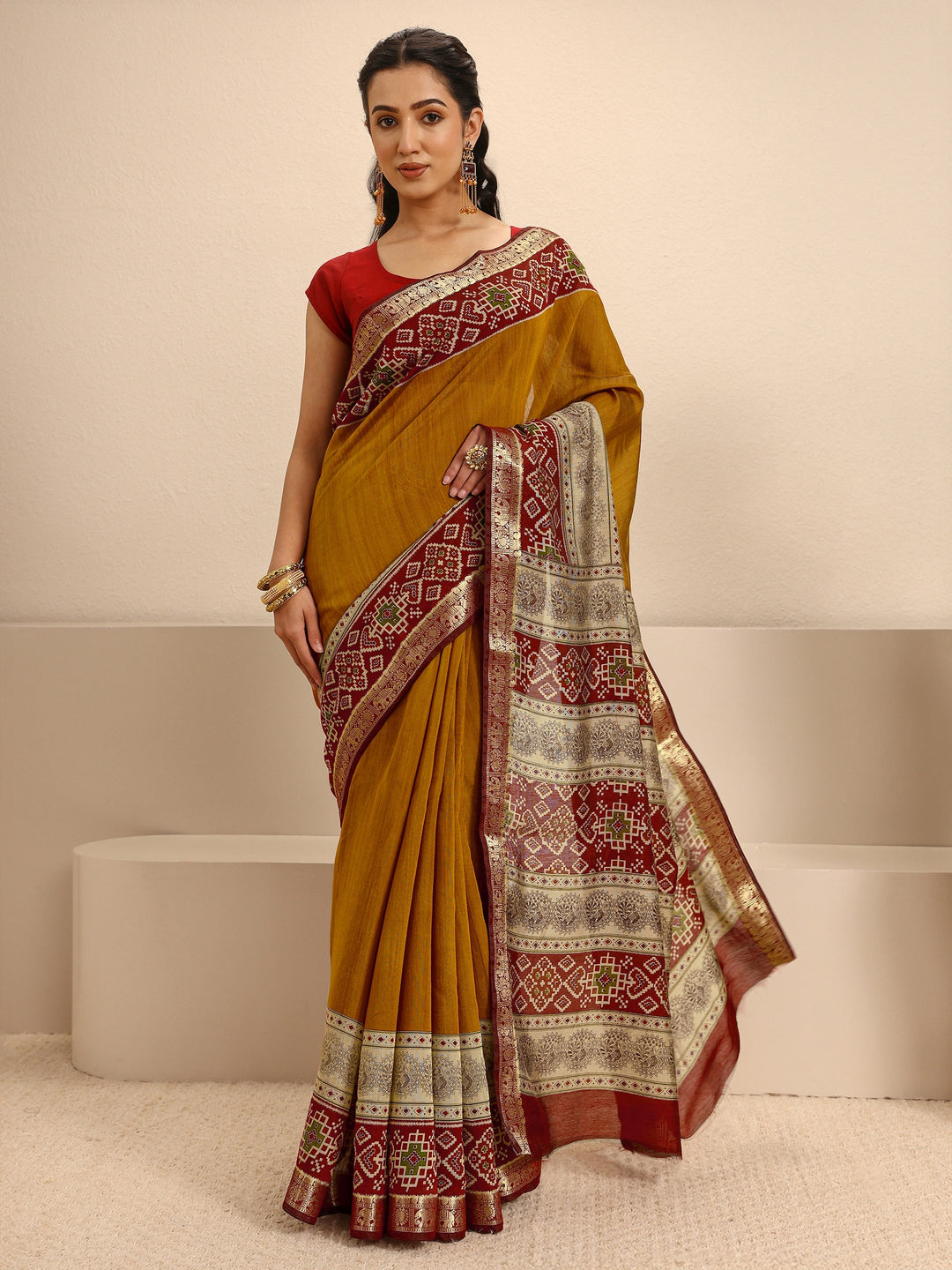 Mustard Silk Blend Patola Saree With Unstitched Blouse Piece