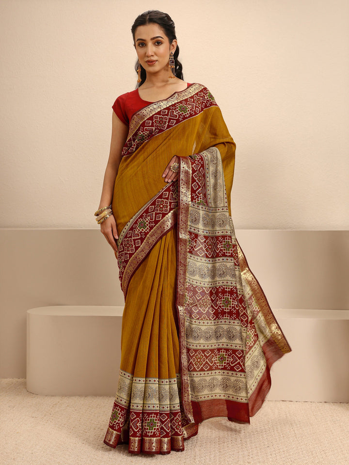 Mustard Silk Blend Patola Saree With Unstitched Blouse Piece