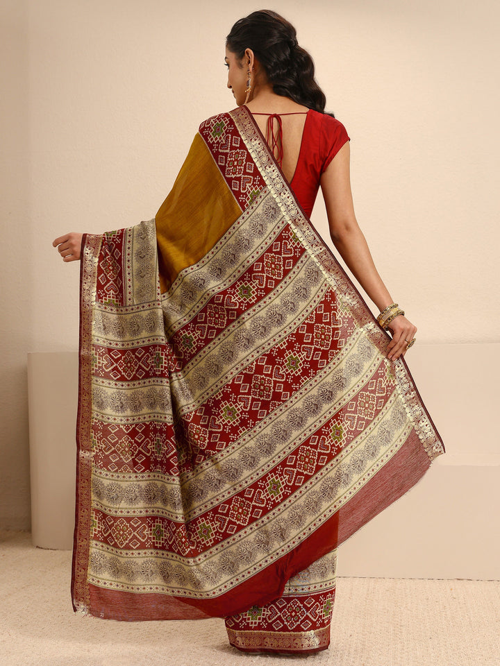 Mustard Silk Blend Patola Saree With Unstitched Blouse Piece