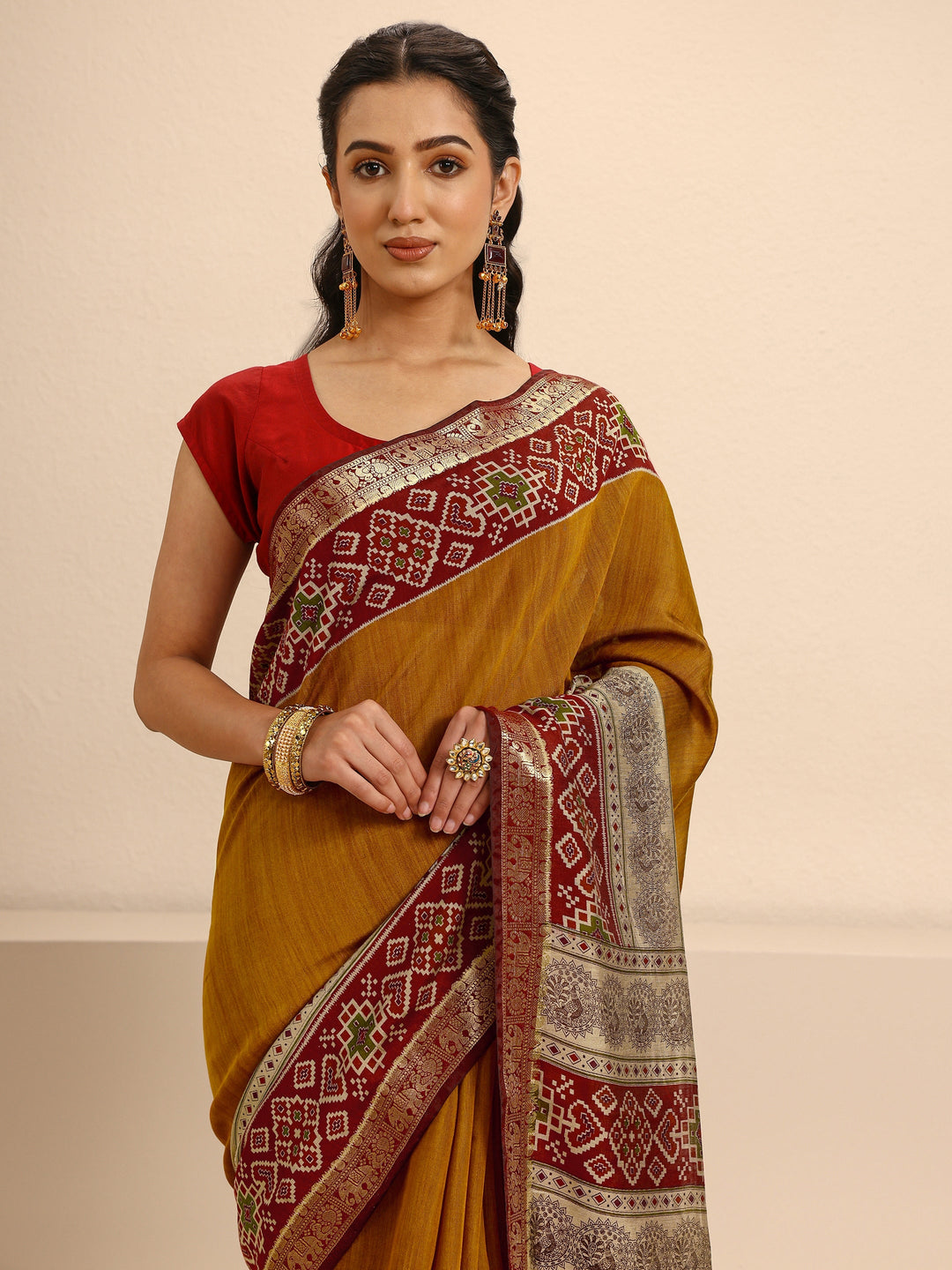 Mustard Silk Blend Patola Saree With Unstitched Blouse Piece