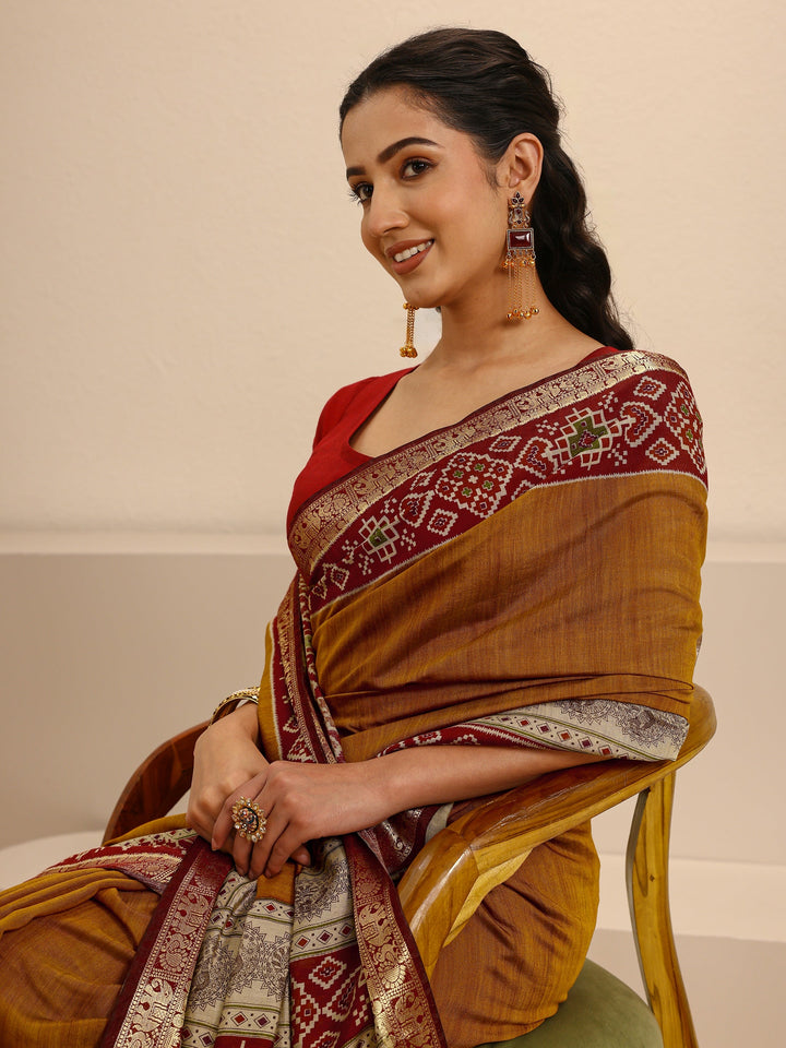 Mustard Silk Blend Patola Saree With Unstitched Blouse Piece
