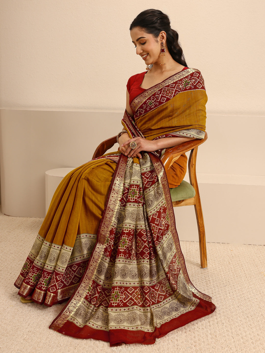Mustard Silk Blend Patola Saree With Unstitched Blouse Piece