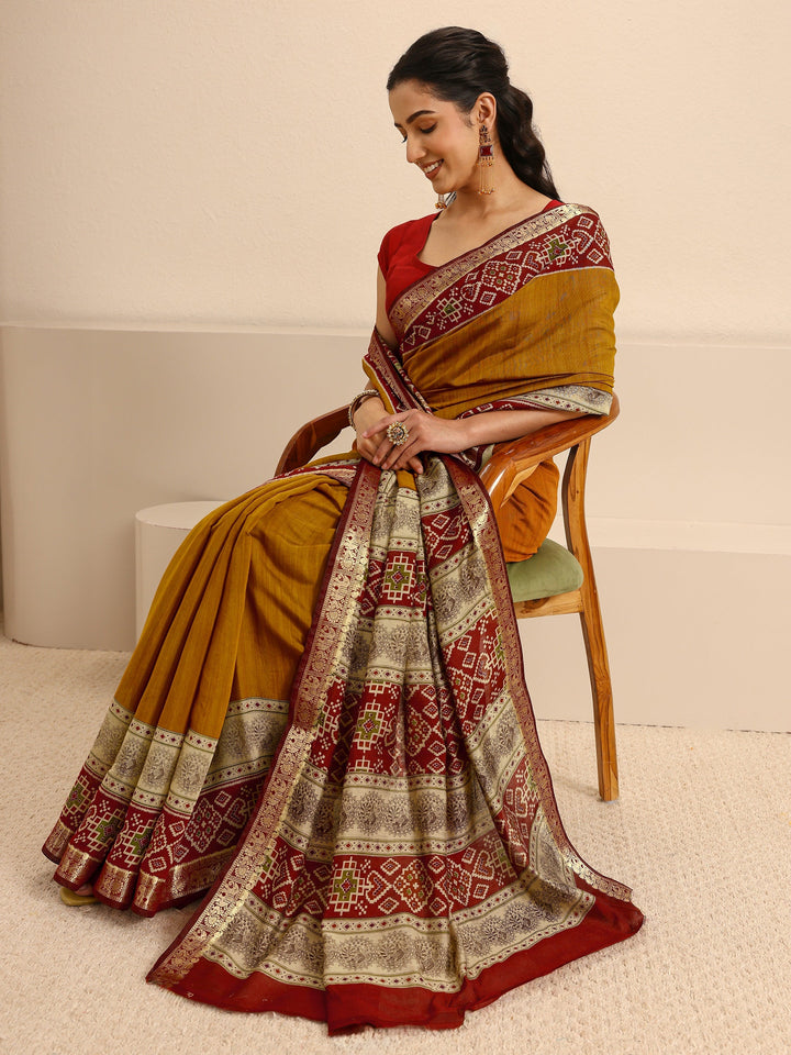 Mustard Silk Blend Patola Saree With Unstitched Blouse Piece