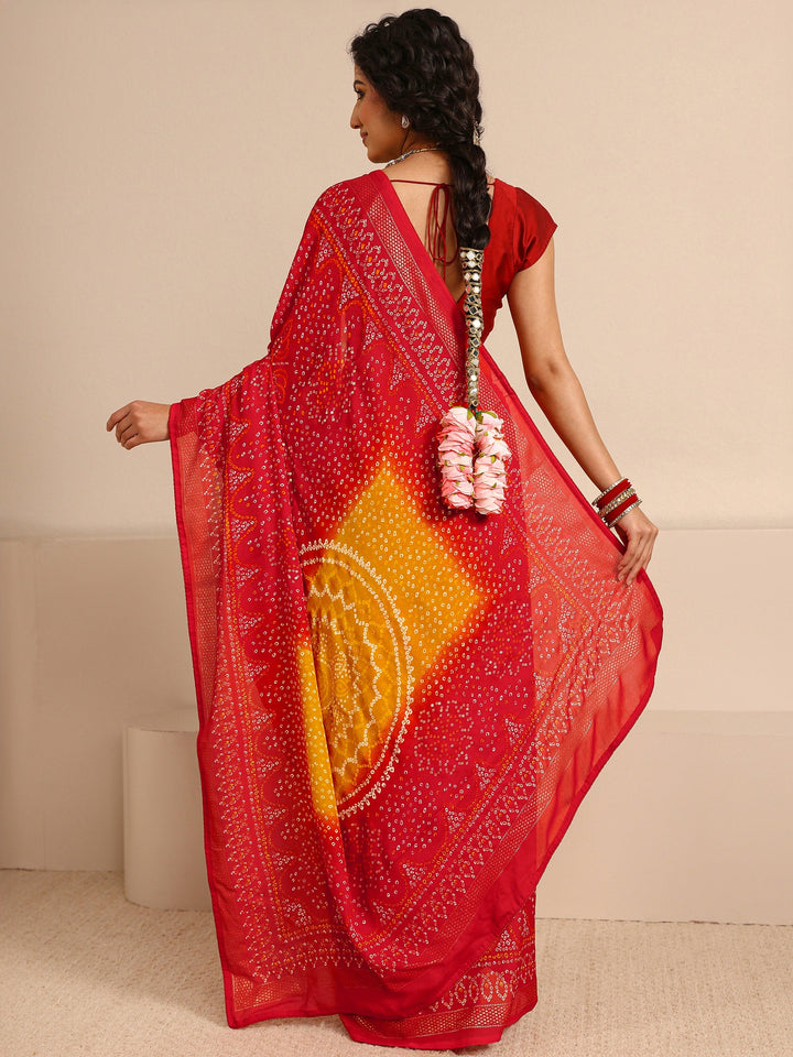 Red Bandhani Printed Silk Blend Saree With Unstitched Blouse Piece