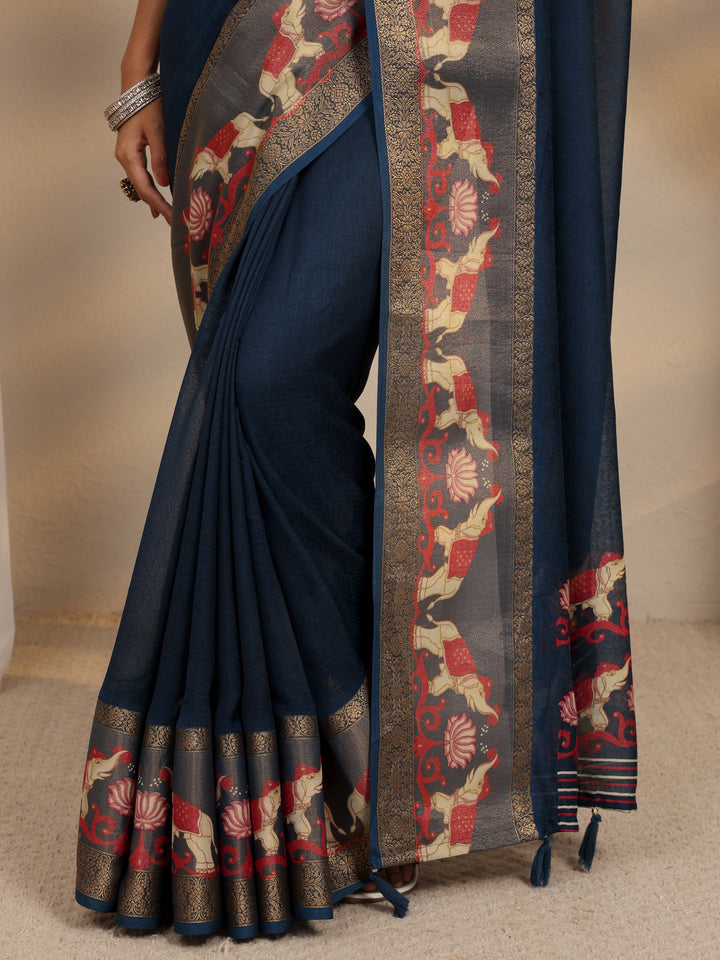Navy Blue Ethnic Printed Silk Blend Saree With Unstitched Blouse Piece