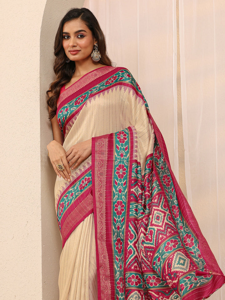 Beige Ethnic Printed Silk Blend Saree 
With Unstitched Blouse Piece