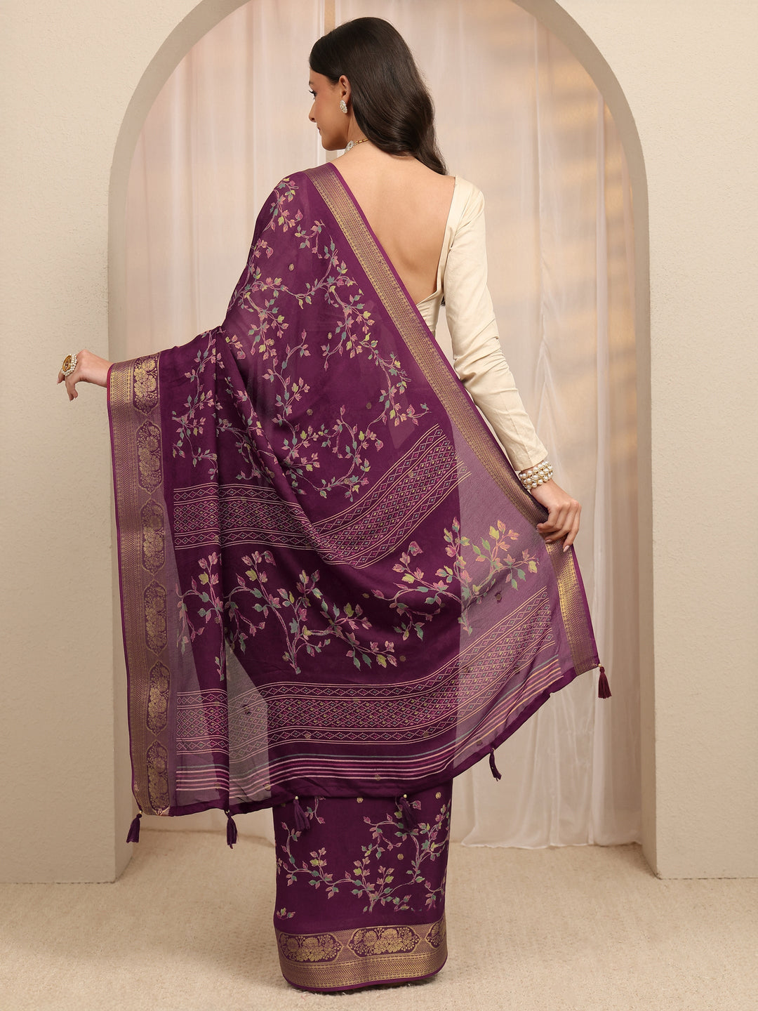 Burgundy Floral Printed Silk Blend Saree 
With Unstitched Blouse Piece