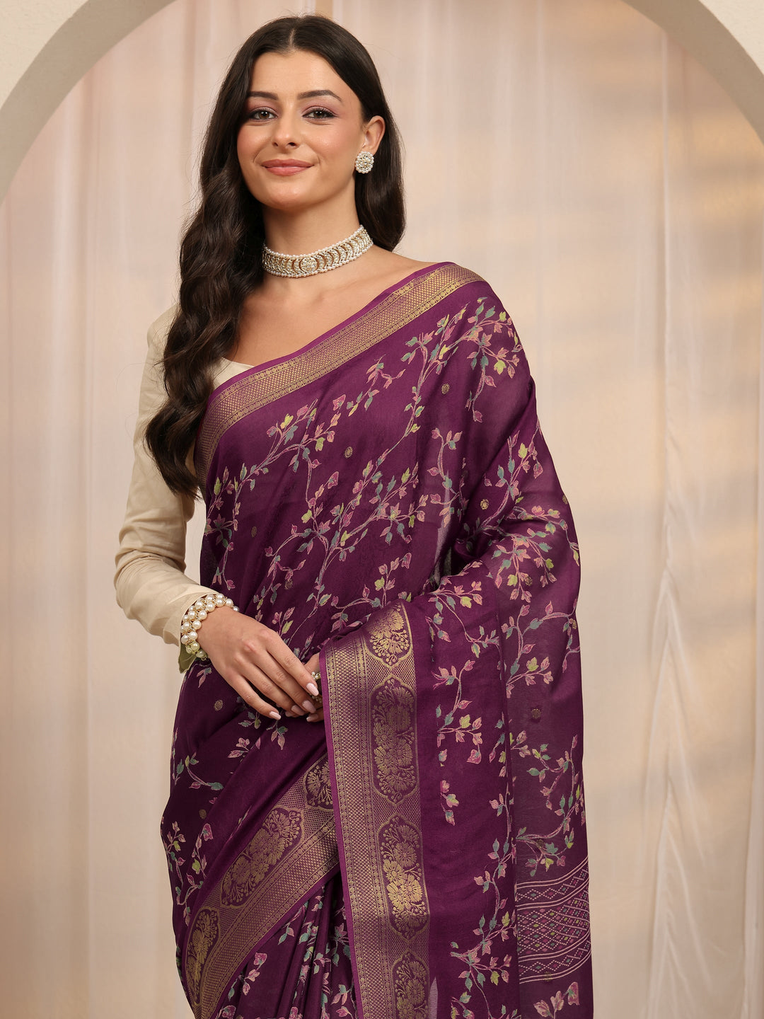 Burgundy Floral Printed Silk Blend Saree 
With Unstitched Blouse Piece