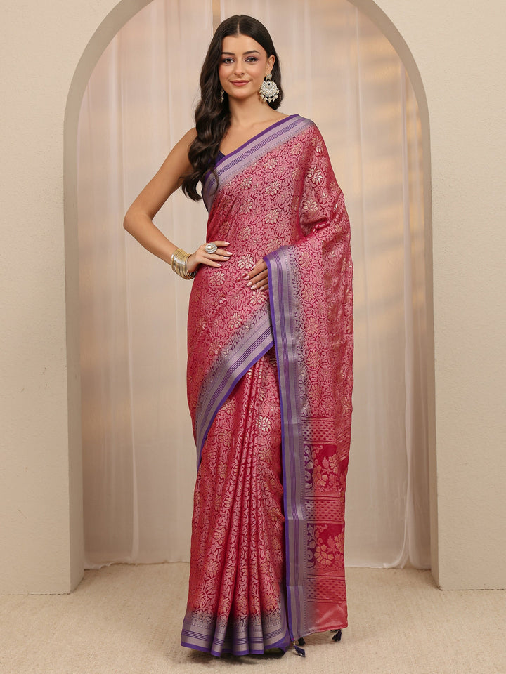 Pink Woven Design Silk Blend Saree 
With Unstitched Blouse Piece