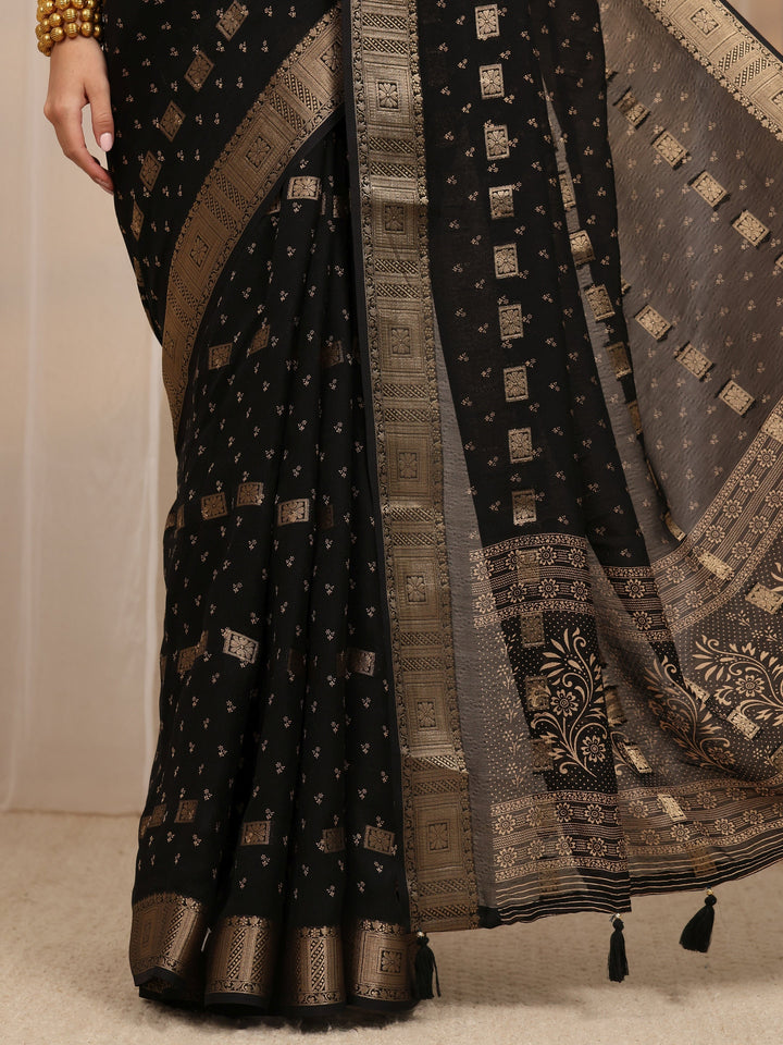 Black Floral Woven Design Silk Blend Saree 
With Unstitched Blouse Piece