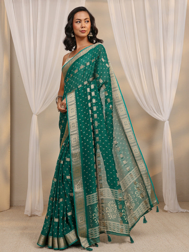 Green Ethnic Woven Design Silk Blend Saree With Unstitched Blouse Piece