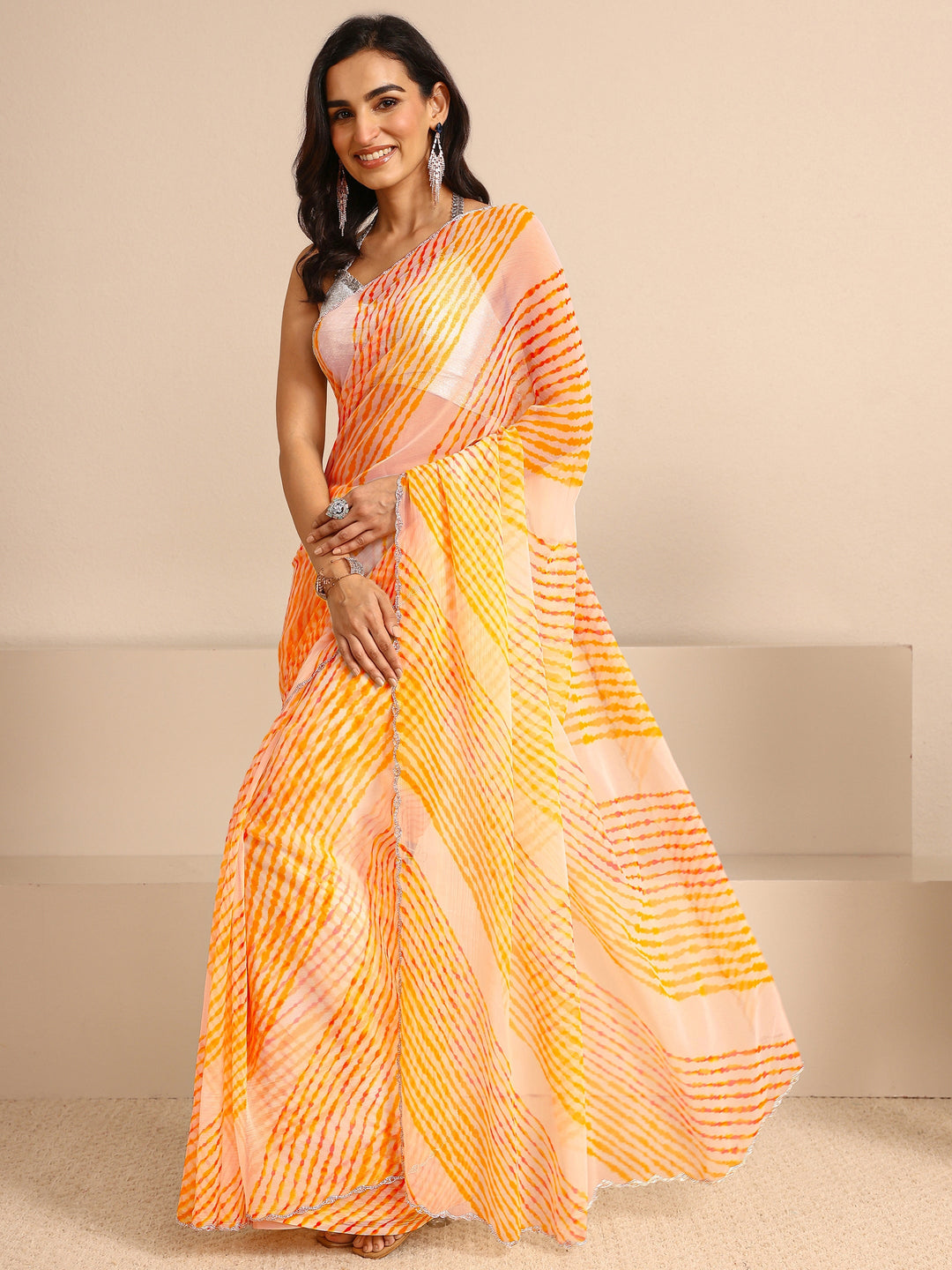 Multicolour Leheriya Printed Chiffon Saree With Unstitched Blouse Piece