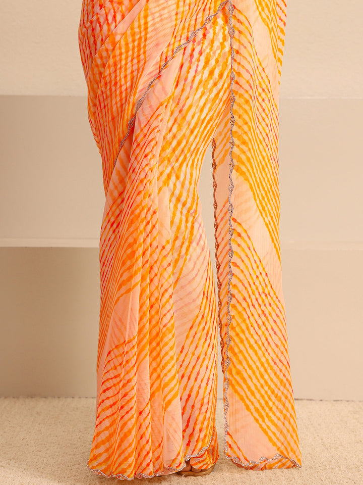Multicolour Leheriya Printed Chiffon Saree With Unstitched Blouse Piece