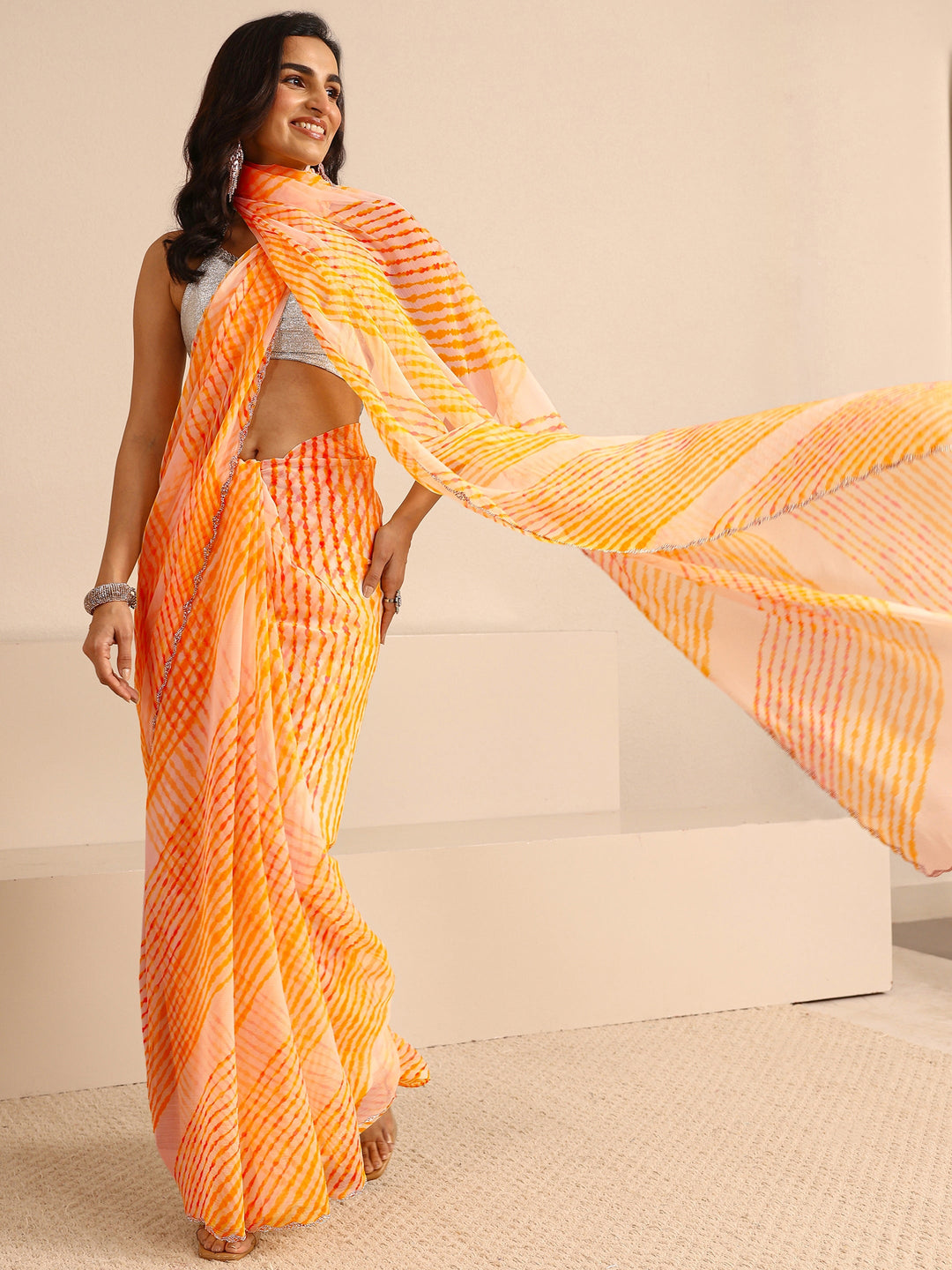 Multicolour Leheriya Printed Chiffon Saree With Unstitched Blouse Piece