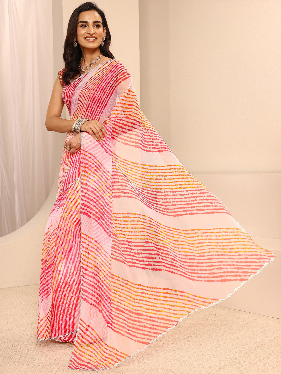 Multicolour Leheriya Printed Chiffon Saree With Unstitched Blouse Piece