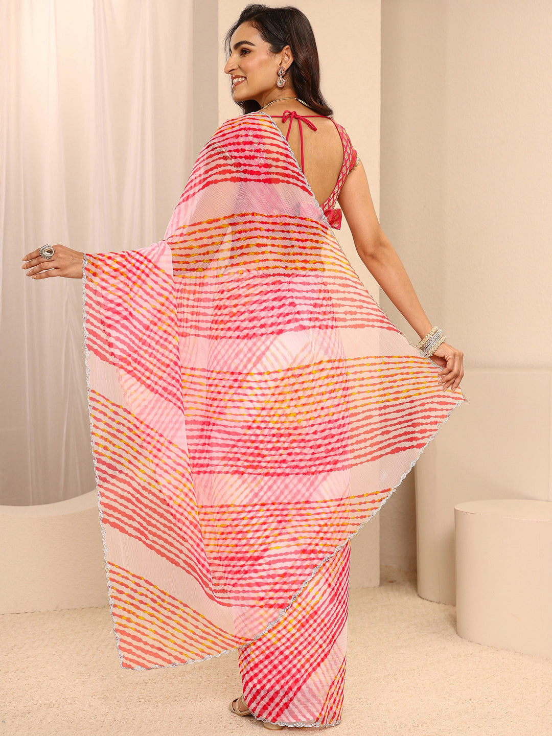 Multicolour Leheriya Printed Chiffon Saree With Unstitched Blouse Piece