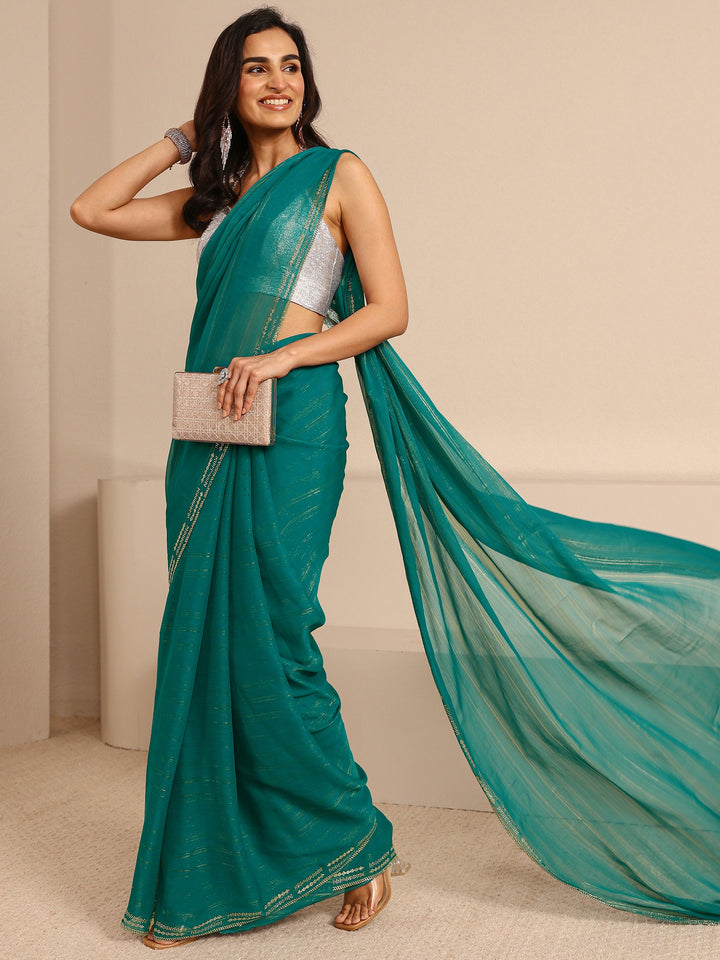 Green Sheen Tissue Saree With Unstitched Blouse Piece