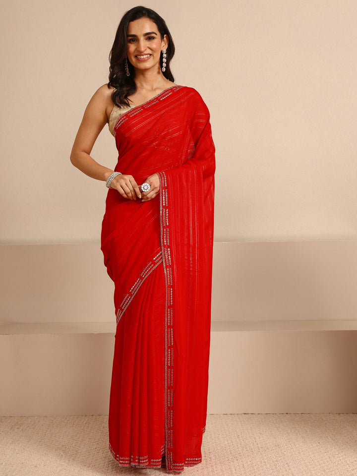 Red Sheen Tissue Saree With Unstitched Blouse Piece