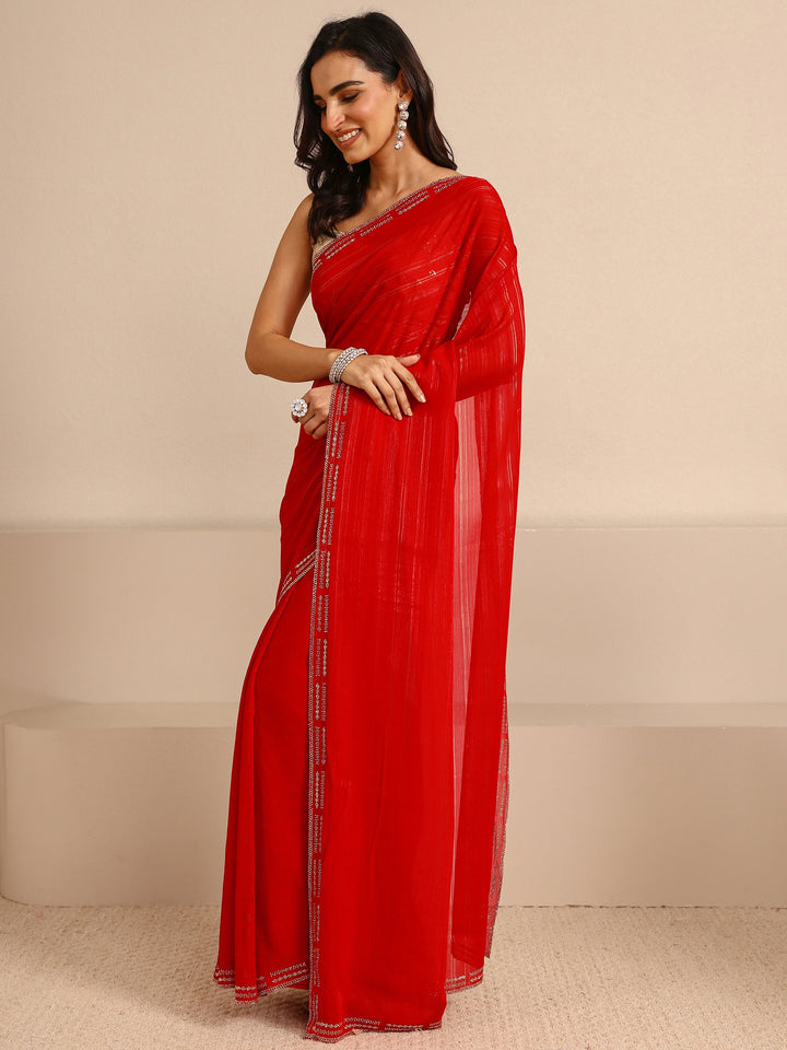 Red Sheen Tissue Saree With Unstitched Blouse Piece