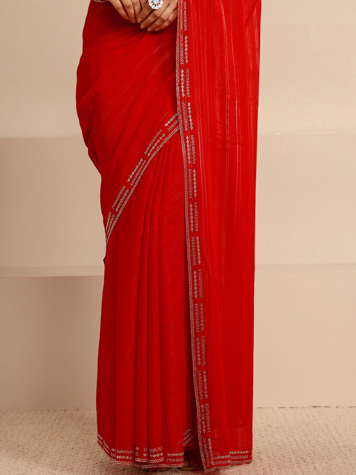 Red Sheen Tissue Saree With Unstitched Blouse Piece