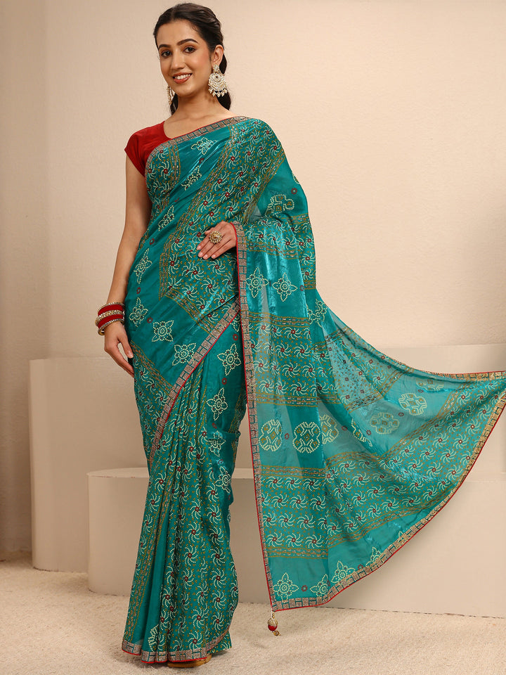Green Bandhani Printed Silk Blend Saree With Unstitched Blouse Piece